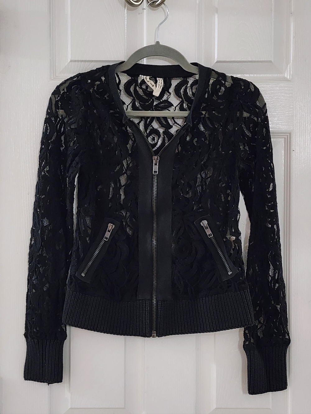 Free People Black Floral Lace Bomber Jacket Zip Up Boho XSmall